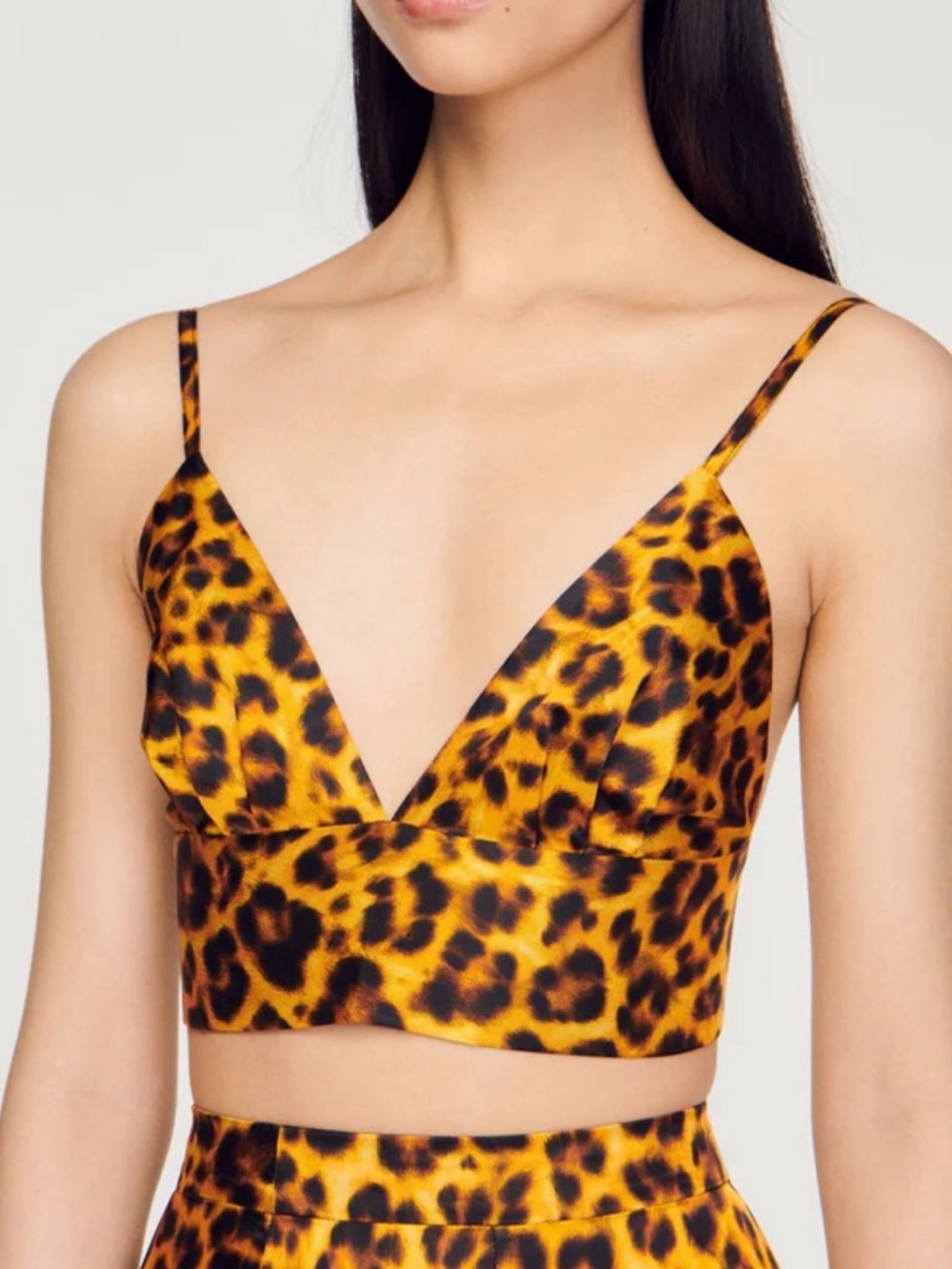 Sandro Leopard Print Satin Crop Top in Yellow and Black